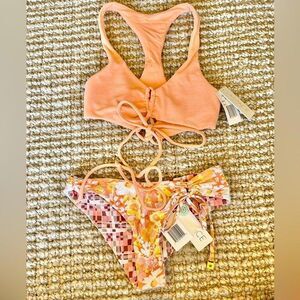 Nwt l*space terri cloth orange floral tie halter Amal Dax bikini set